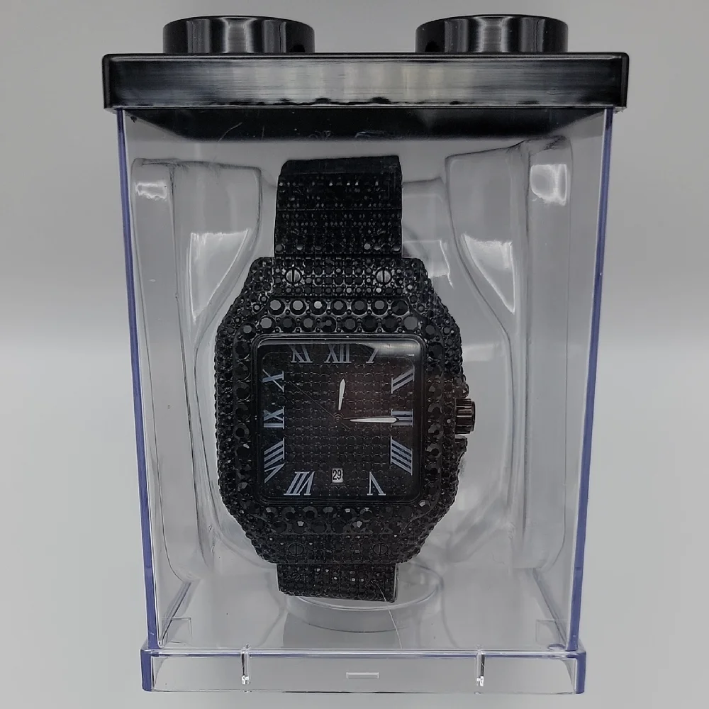 Blacked Out Square Mens Watch Pavé Crystals 41mm Roman Numerals Date Illuminated